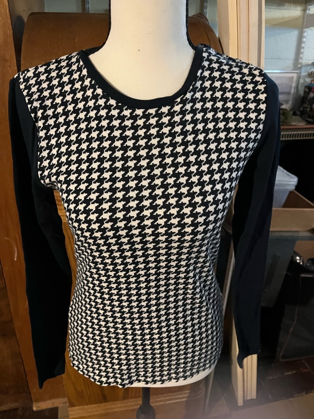 Ralph Lauren Black and White Houndstooth Long-Sleeve Top